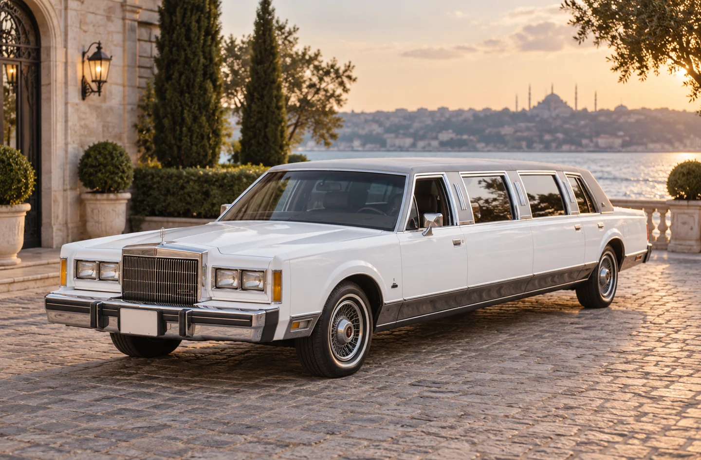 Beyaz 1989 Lincoln Town Car retro limuzin, gri vinil tavan — temsili görsel