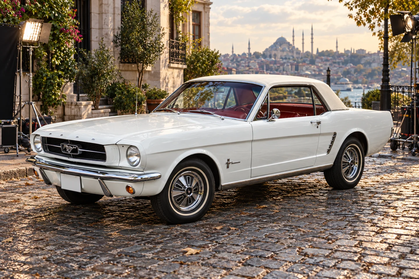 1965 Ford Mustang çekim arabası, dizi ve film seti — temsili görsel